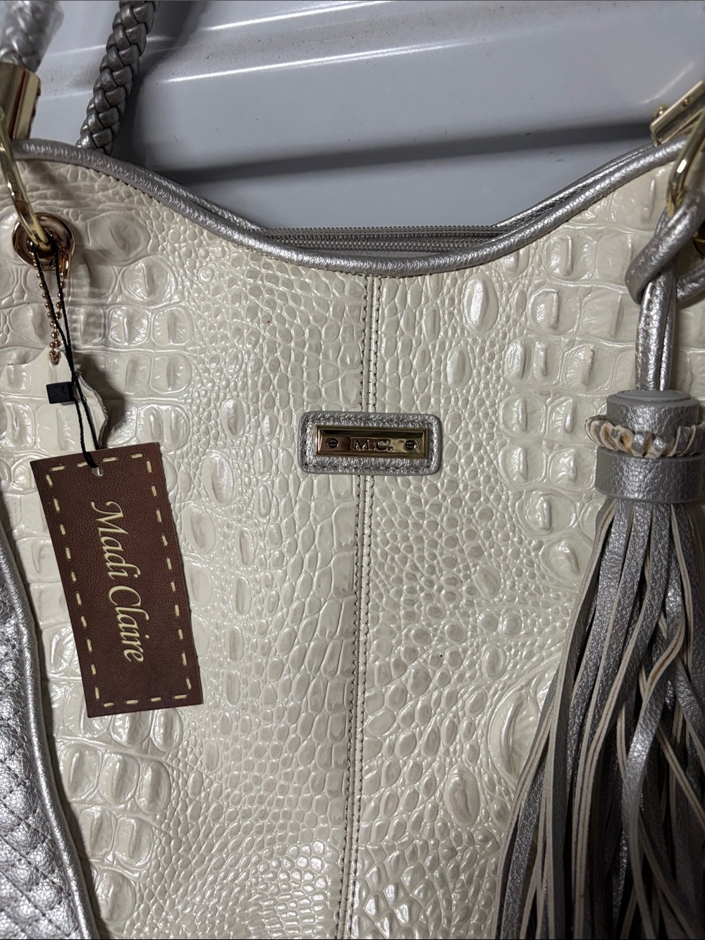 Madi Claire Cream and Silver Geniune Leather Croc-Texture Tote with Tassel - Picture 3 of 6